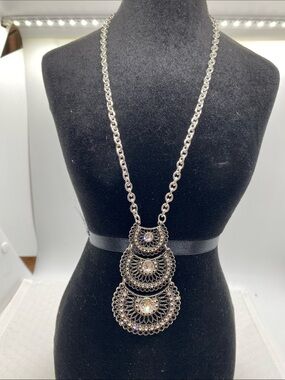 Silver Tone Rhinestone Filigree Statement Necklace | Vintage Inspired Pendant